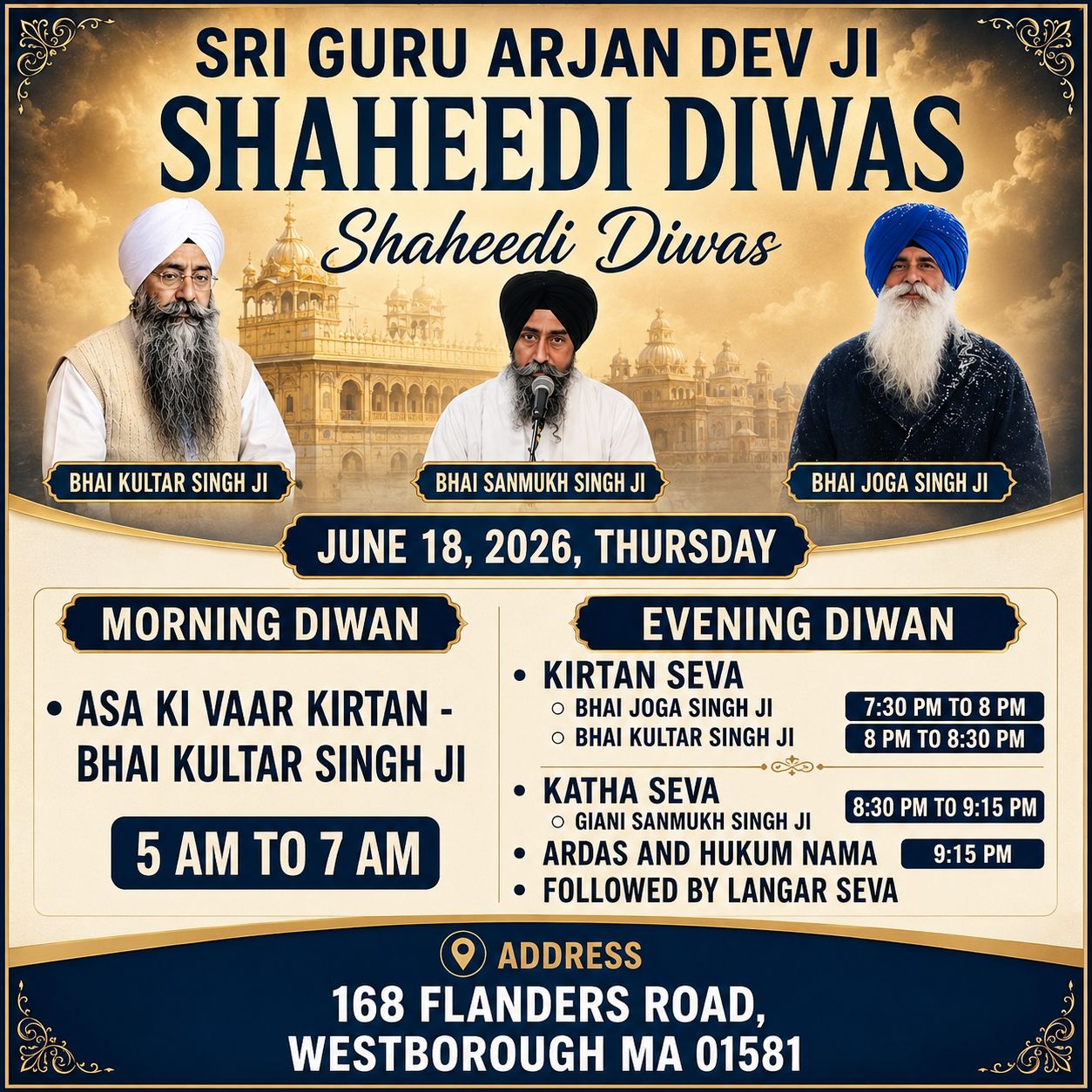 Sri Guru Arjan Dev Ji Shaheedi Diwas at Westborough Gurudwara Sahib, June 18, 2026 — Morning and Evening Diwan